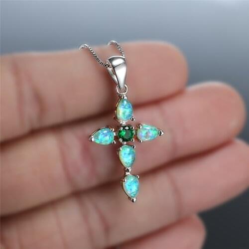 Dainty Bridal Cross Pendant Necklace Elegant Female Green Crystal Wedding Necklace Trendy Rainbow Opal Chain Necklaces For Women