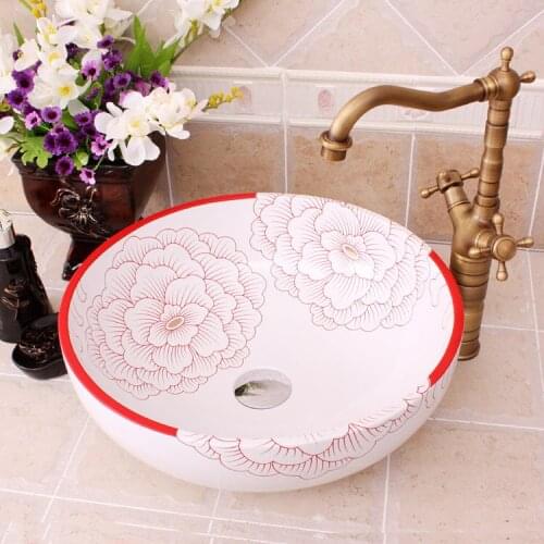 Peony Painting China Artistic Handmade Ceramic Bathroom Sinks Lavobo Round Counter top ceramic washbasin