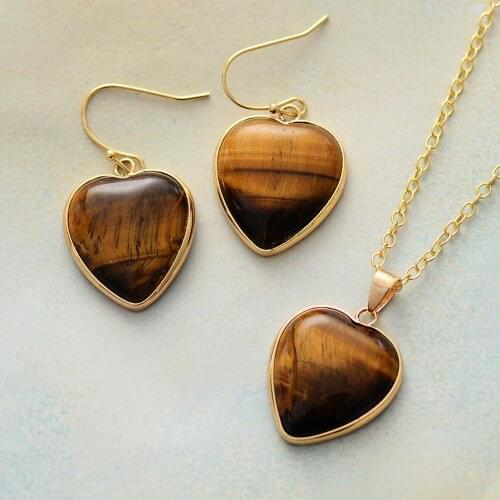 Classic Heart Shape Pendant Necklace Earring Set Tiger Eye Jewelry Sets Elegant Teengirls Women Anniversary Jewelry
