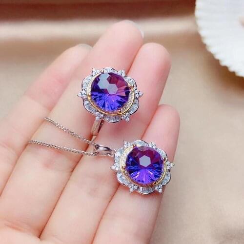 Exquisite purple Amethyst gemstone ring and necklace jewelry set 925 sterling silver jewelry natural round gem new year gift