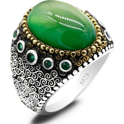 Chalcedony Ring for Men 925 Sterling Silver Big Natural Green Gem Stone and CZ with Exquisite Carved Male Rings Turkish Jewelry