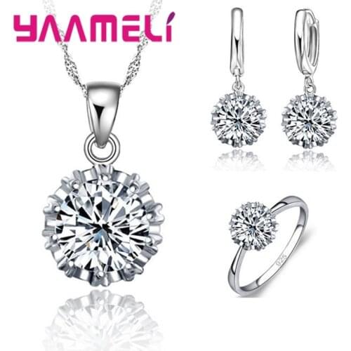 Classic 925 Sterling Silver Wedding Jewelry Sets For Women Big Stone CZ Cubic Zirconia Necklace/ Earring/ Ring Set Size 5-10