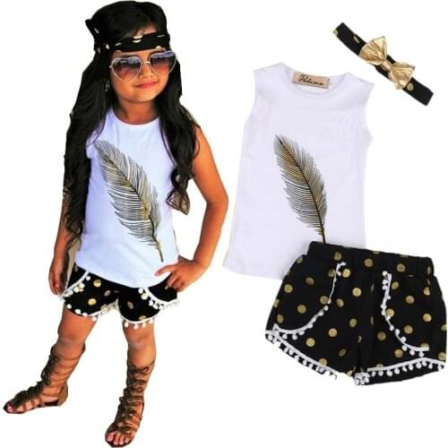 3 Pcs Little Girls Summer Feather Clothing Set Kids Girl Outfits Sleeveless Vest Tops+Tassels Shorts Bottom+Headband Clothes