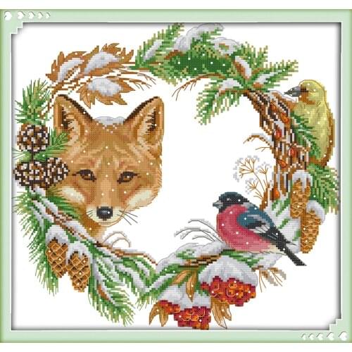 The fox and the garland cross stitch kit aida 14ct 11ct count printed canvas stitches embroidery DIY handmade needlework
