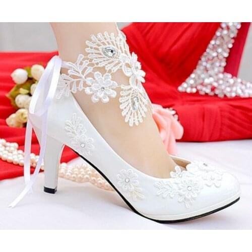Luxury lace appliques wedding pumps shoes bride ladies party white ivory crystal wedding pumps shoes bride HEEL 9CM plus sizes