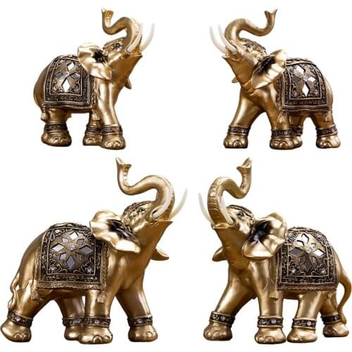 Lucky Elephant Statue Sculpture Resin Golden Feng Shui Good Fortune Figurine Decoration Home Office Car Shelf Tabletop Decor