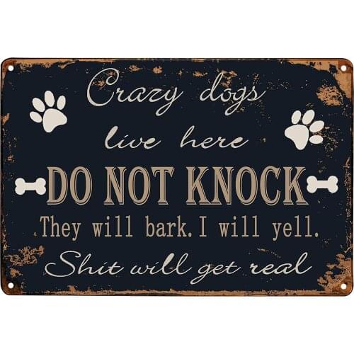 TISOSO Crazy Dogs Live Here Do Not Knock Sign Reto Vintage Metal Tin Signs for Lawn Garden Yard House Room Signs 8X12Inch