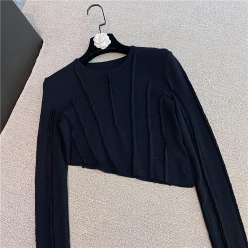 Cropped T-Shirt for Women 2021 Spring New Irregular Oblique Swing Long Sleeve Slim Fit Pullovers Tops White Black