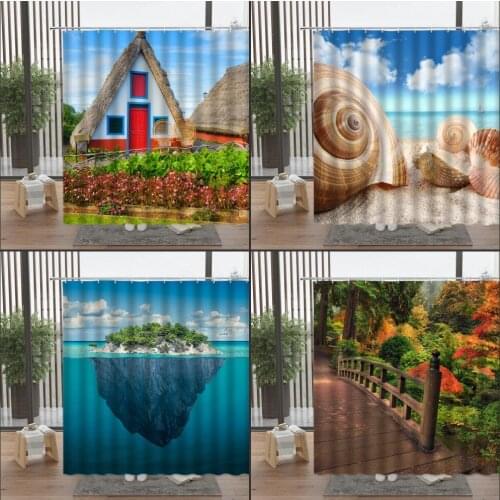 Ocean Beach Scenery Shower Curtain Green Plant Forest Sea sun Trees Shell Mountain Waterproof Fabric Curtains Bathroom Landscape