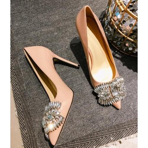 Carpaton Sexy Nude Patent Leather High Heel Shoes Pointed Toe Crystal Wedding Heels Woman Shallow Stiletto Heels Party Shoes
