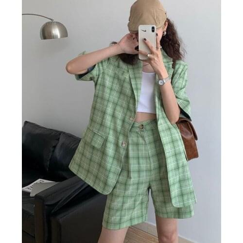 Green Plaid Blazers Suits Women Summer Thin Korean Fashion Loose Blazer+Wide Leg Shorts Sets Woman Y2K New 2021