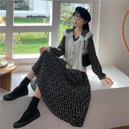 2021 Women Autumn Winter Casual Suit Lady Button V-neck Knitted Vest + Lace Floral Dress Set Female Slim Vintage 2 Pcs Suit E145