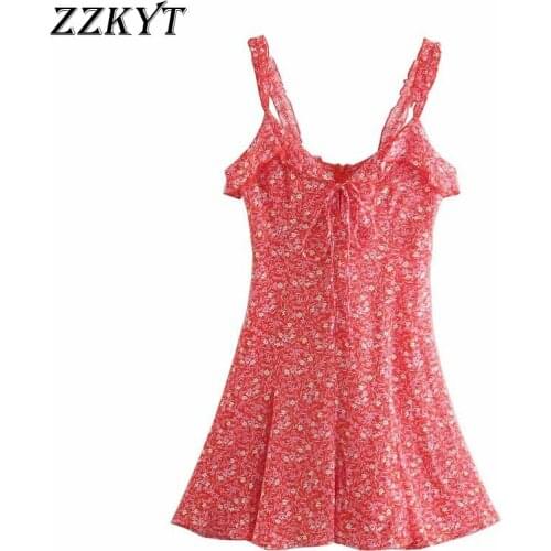 ZZKYT 2021 Women Summer Vintage Sexy Floarl Print Bow Tie Mini Dress Fashion V-Neck Sleeveless Backless Female Party Dresses