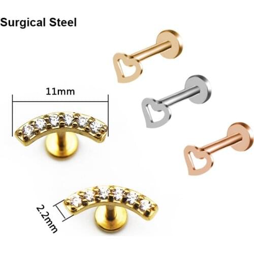 1Pc 16G 1.2x6/8mm Flat Labret Back Ear Piercing Moon Heart CZ Cartilage Helix Conch Rook Tragus Labret Back Piercing Jewelry