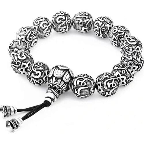 12mm Six-character Mantra Heart Sutra Buddhist Beads Bracelet Rope Prayer Beads Imitation Thai Silver Retro