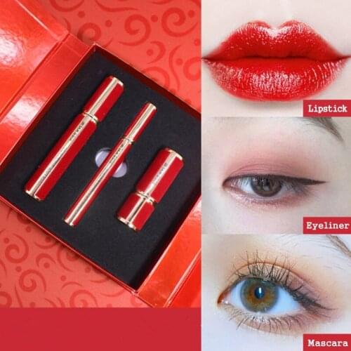 3pcs Makeup Set Matte Carved Lipstick Mascara Black Eyeliner Curling Mascara Charming Facial Cosmetics Chinese Red Makeup