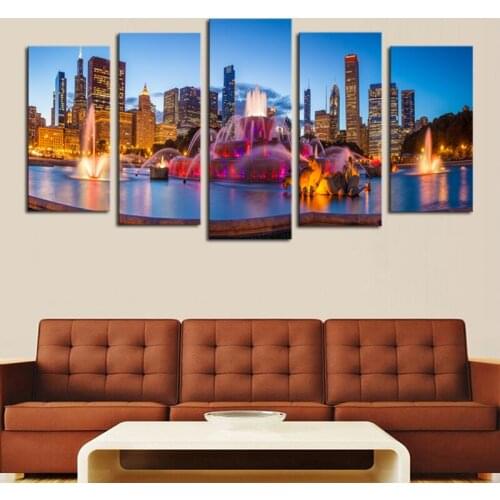 5 Panels Modern City Landscape Night View Home Wall Decor Painting Canvas Art Hd Print Picture For Living Room