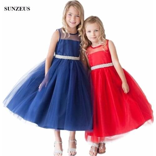 Ball Gown Tank Ankle Length Flower Girl Dress With Beaded Sash Simple Tulle Party Gowns Children Free Shipping FLG018