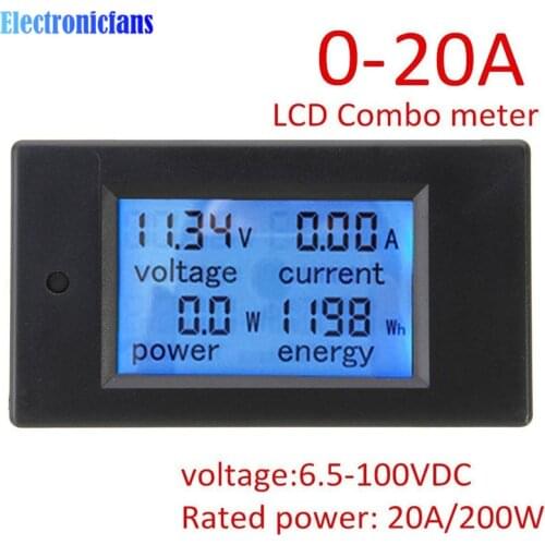 DC 6.5~100V 0~20A 4 in 1 Digital Voltage Current Power Energy Meter Large LCD Screen DC Voltmeter Ammeter