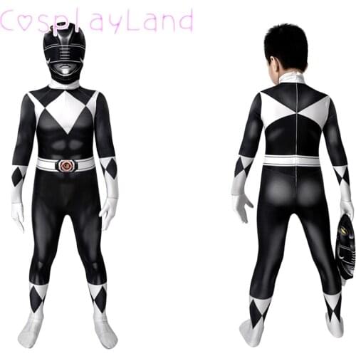 Kids Black Ranger 3D Printed Jumpsuit Children Halloween Carnival Superhero Cosplay Costume Boys Zentai Bodysuit Helmet Mask