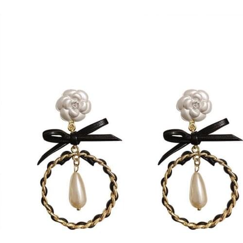 Camellia Long EarriHollow Flowers Eardrop Pearl Dangler Retro Fashion Simple Drop Earrings Accessories Girl Gifts For Friends