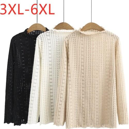 New 2021 Ladies Spring Autumn Plus Size Basic Tops For Women Large Long Sleeve Elastic Black Lace Turtleneck T-Shirt 4XL 5XL 6XL