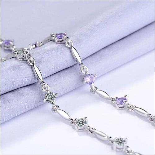 Exquisite Crystal Purple Bracelets Girl Birthday Gift Bright CZ Female Trendy 925 Sterling Silver Bracelet Lady Accessories