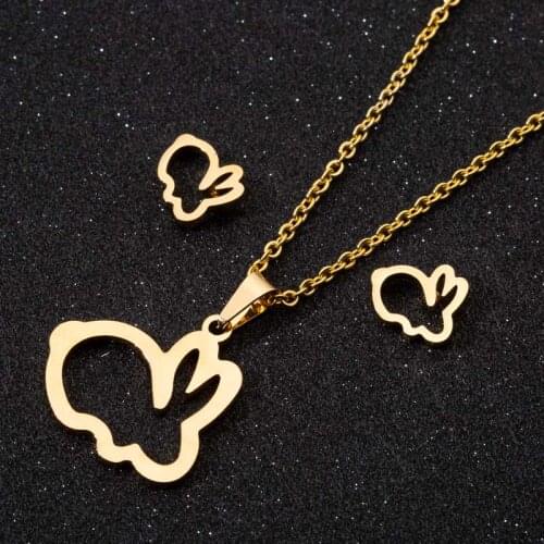 Fashion Cheap Animal Jewelry Set Stainless Steel Lovely Hollow Rabbit Stud Earrings&Necklace for Women Birthday Present