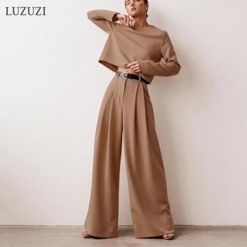 LUZUZI Casual Wide Leg Pants Floor-Length Pleated Loose Women Trousers Spring Long Wide Pants Female Elegant Pant Suits 2021