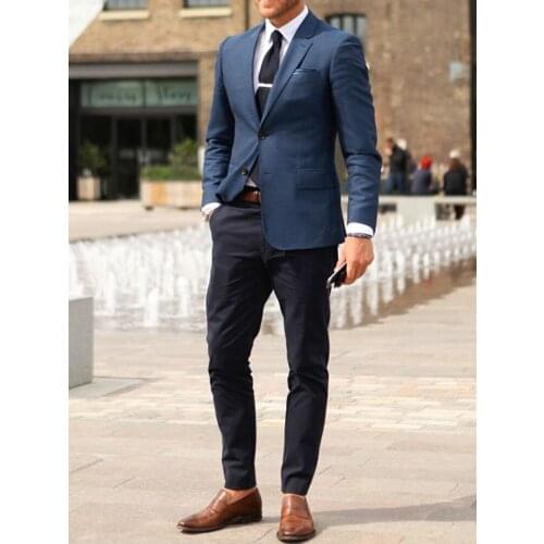 ANNIEBRITNEY Navy 2 Piece Slim Fit Men Suit With Black Stripe Pants Custom Skinny Groom Wedding Tuxedo Prom Wedding Men Suit Set