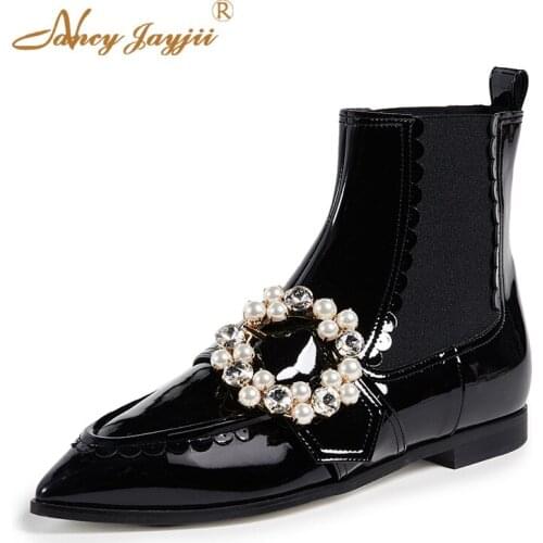 Black Women Ankle Botas Female Bootie Ladies Shoes Crystal Chelsea Solid Short Plush Pointed Toe Pearl 2021 Winter Autumn