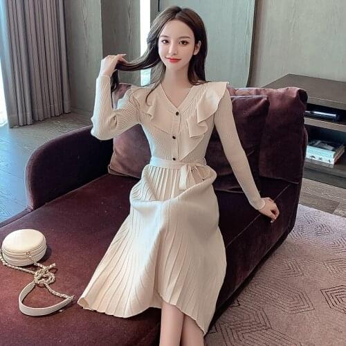 Apricot Single Breasted Ruffles Dress Party High Waist Knit Long Dress Elegant V Neck Women Midi Dresses Long Sleeve Knitwear