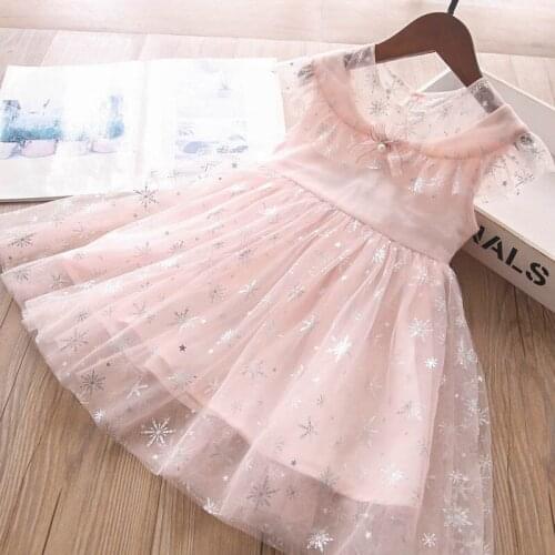 Girls pink pattern pearl bow tulle sundress baby girl princess dresses children clothes wholesale