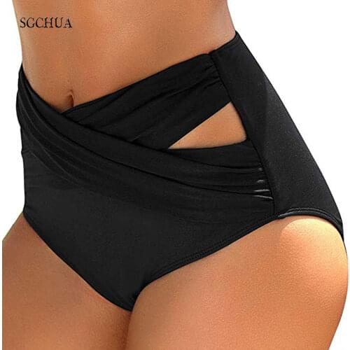 SGCHUA New Bandage Womens Swimming Trunks Solid Black Cross Bikini Bottom Mid Waist Swim Panties Hollow Out Beach Bather Briefs