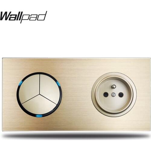 Wallpad L6 Gold 3 Gang Light Switch Blue LED Indicator French Electric Outlet Wall Socket Gold Brushed Aluminum Metal Panel