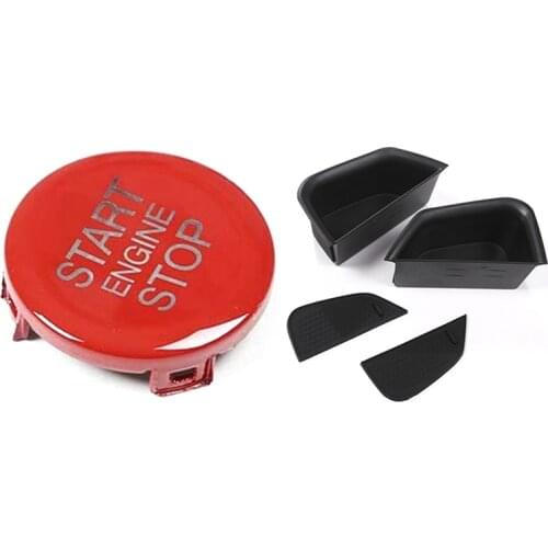 1 Set Front Door Handle Tray Storage Box With Non-Slip Mat & 1 Pcs Car Engine Start Stop Switch Button Cover Trim