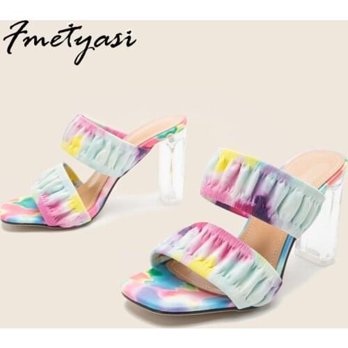 Chunky Heels for Women Transparent Perspex Heels Color Pleated Leather Sandals Square Toe Party Ladies Shoes Fashion Sexy