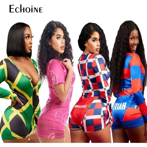 Echoine Women Print Sexy Button open crotch adult Onesies Jumpsuit Sleepwear V Neck Bodycon Bodysuit Rompers Overalls plus size