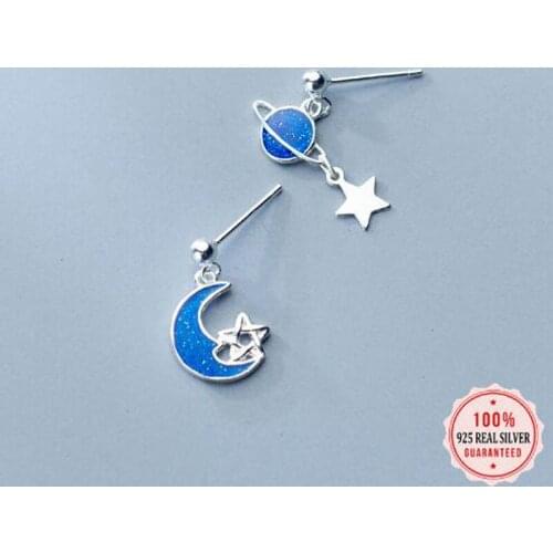 100% 925 Sterling Silver Earring Jewelry Small Blue Star &Moon Stud Earrings Birthday Gift For Girls Teens DS1313