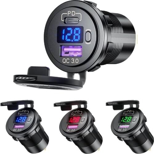 12V/24V 48W Type C PD+QC3.0 Car Lighter Socket LED Voltmeter Switch USB Car Charger Universal Motorcycle Truck SUV RV ATV Socket