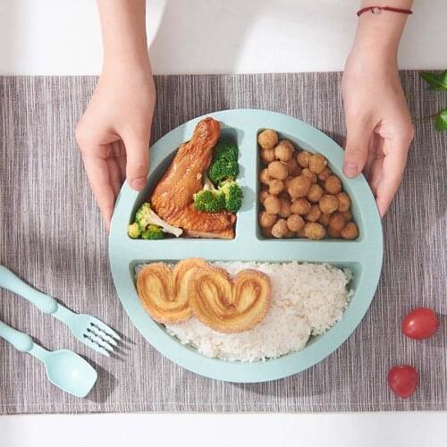 3Pcs wheat straw bowl children cartoon tableware set baby dinner plate baby training Bowl spoon fork for kids food box