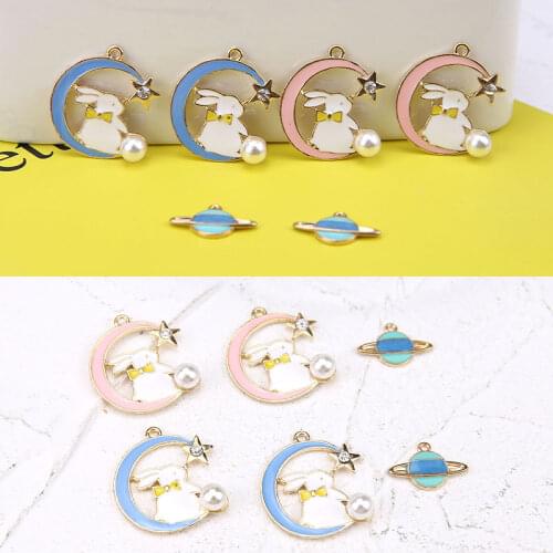 30pcs/Lot 30*34MM Cute Moon Rabbit Shape Alloy Charms Gold Tone Plated Oil Drop Kawaii Saturn Shape Oil Drop Enamel Pendants