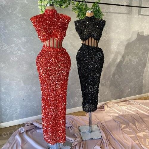 Sequins African Evening Dress Mermiad Black Red High Neck Exposed Boning Prom Dress robe de soirée Cocktail Club Party Gowns