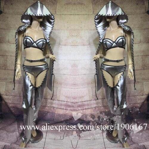 Silver Color Big Hat Ballroom DS DJ Costumes Sexy Lady Hip Hop Jazz Dance Clothes Catwalk Model Show Nightclub Bar Bikini Suit