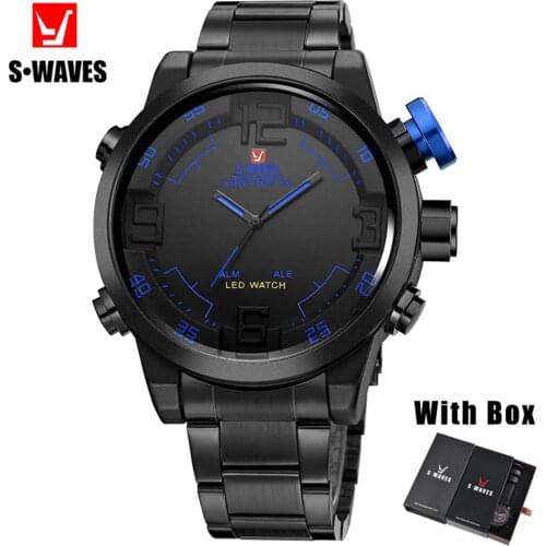 SWAVES Luxury Watches Mens 2019 LED Waterproof Electronic Clock Mens Wrist Watch With Box Stainless Steel Military Reloj Hombre