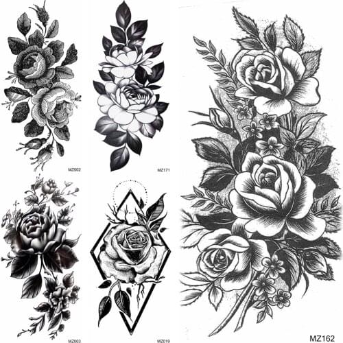 Black Flower Temporary Tattoos Sticker 3D Fake Geometric Pencil Sketch Tatoo For Women Body Art Arm Waterproof Tattoos For Party