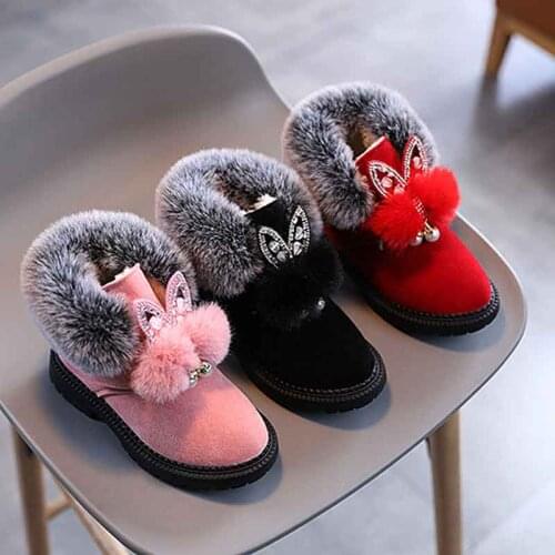 Girls Suede Leather Short Boots Faux Fur Hairy Ball Pearl Rhinestone Cartoon Princess Boots Party Winter Shoes Toddler Baby21-30