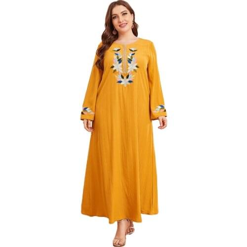 Womens Embroidered Loose Waist Dress Long Sleeve Round Neck Yellow Long Dress Fancy Robe Muslim Middle East Abaya Large Size