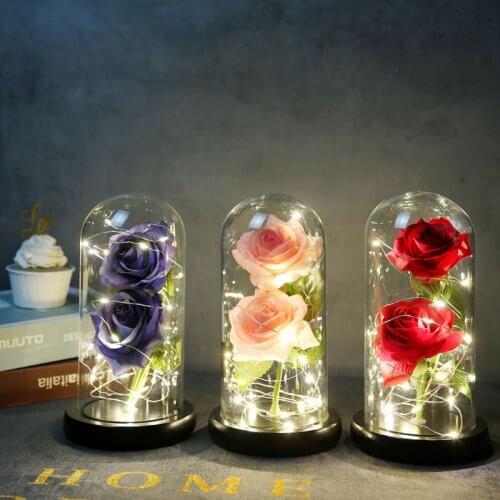 Double Rose Flower LED Light String In Glass Dome On Wooden Base Romantic Gift For Women Valentines Day Home Desktop Decor