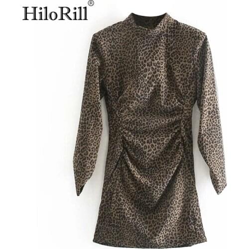 HiloRill Women Leopard Mini Dress Retro Stand Neck A Line Dress Pleated Long Sleeve Chic Dress Autumn Spring Vestido De Mujer